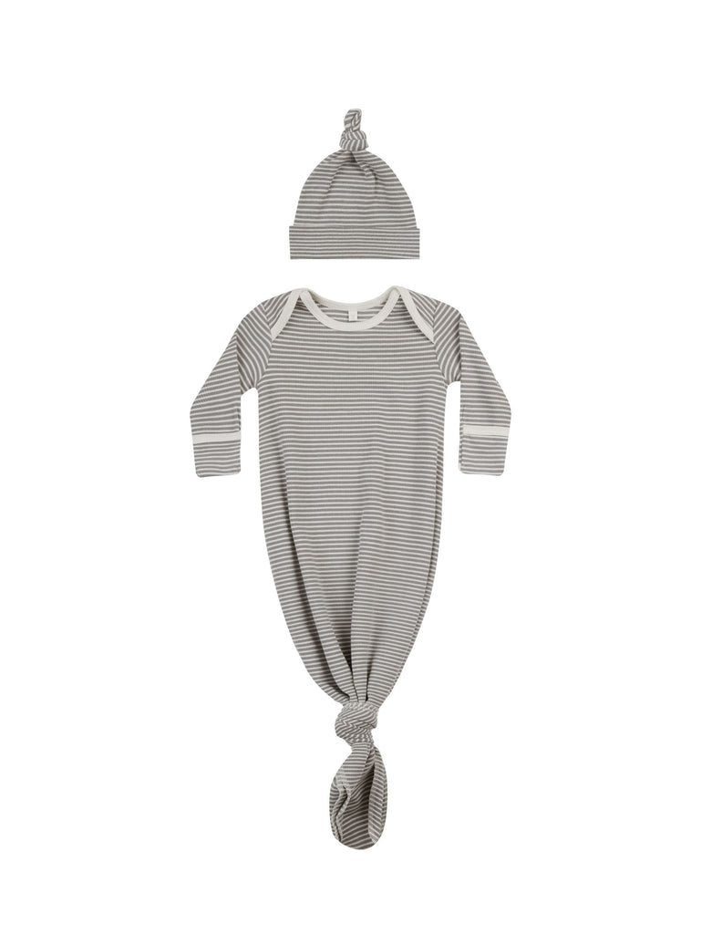 Quincy Mae knotted baby gown + hat set | lagoon micro stripe