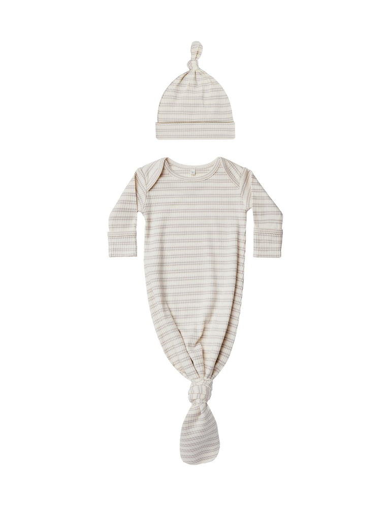 Quincy Mae Knotted Baby Gown & Hat Set | Silver Stripe