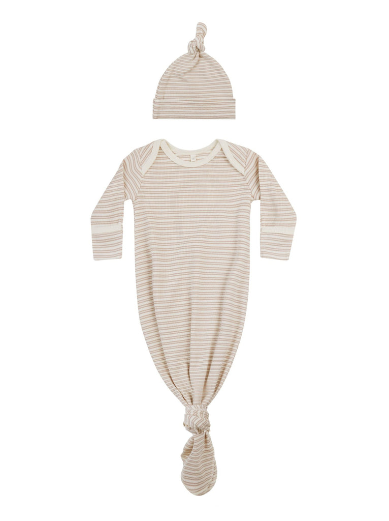 Quincy Mae Knotted Baby Gown & Hat Set | Oat Stripe