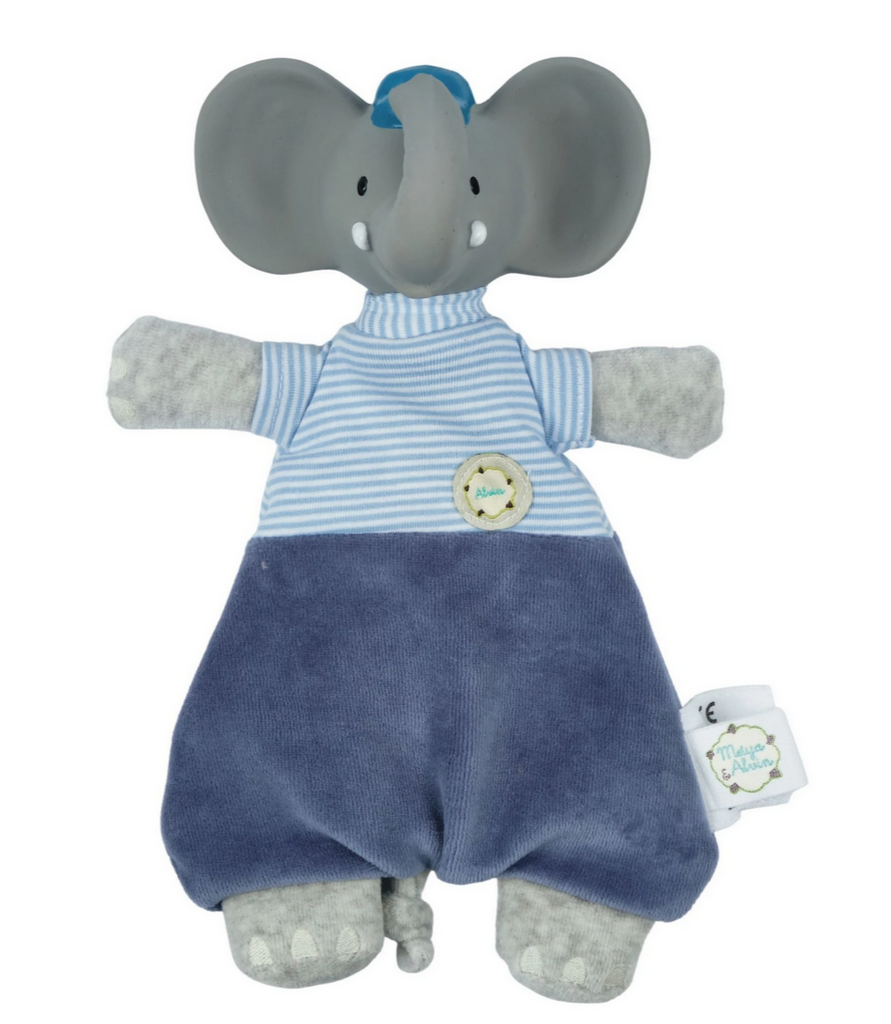 Alvin the Elephant Velour Soft Toy Natural Rubber Teether