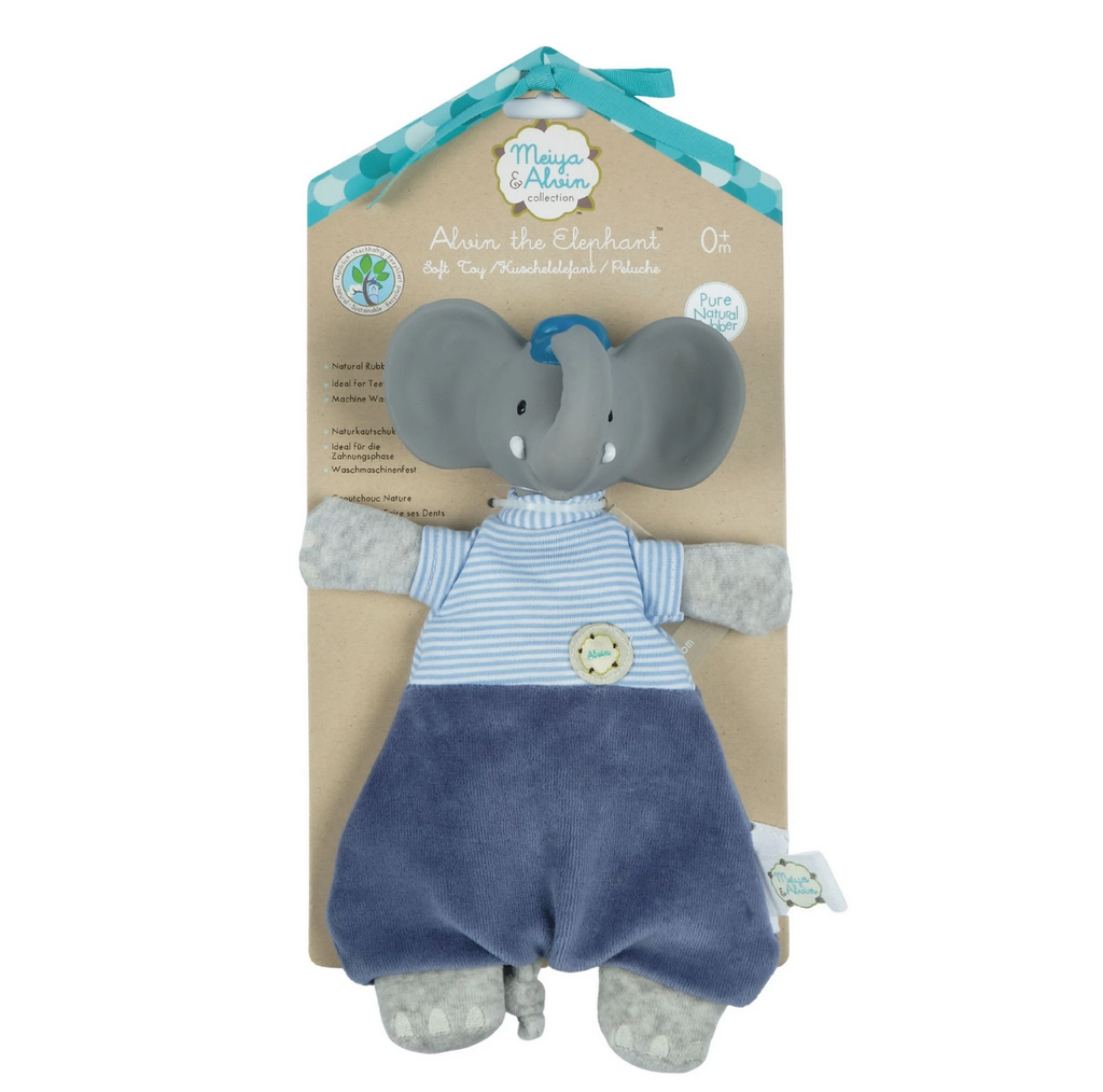 Alvin the Elephant Velour Soft Toy Natural Rubber Teether